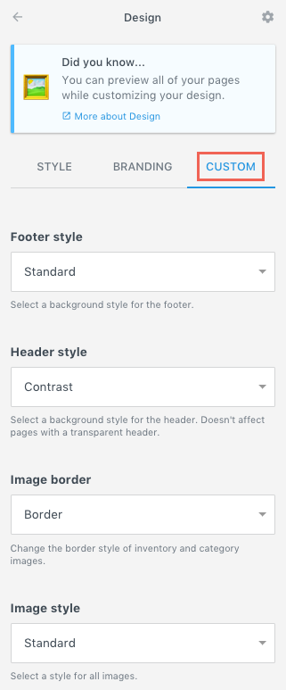 Design customization menu showing options for footer style, header style, image border, and image style.