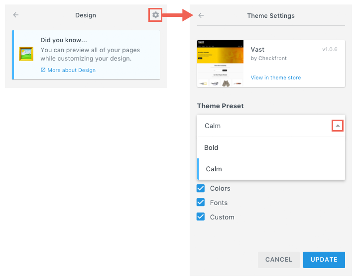 Theme settings menu for Vast template with dropdown to select Calm or Bold preset.