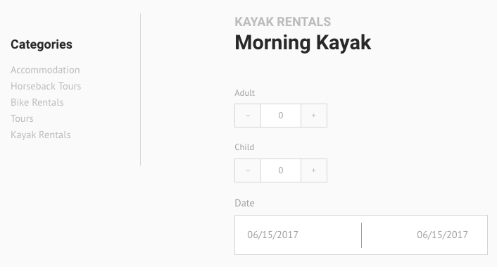 Booking form for Morning Kayak rentals with category list and fields for adult, child, and date selection.
