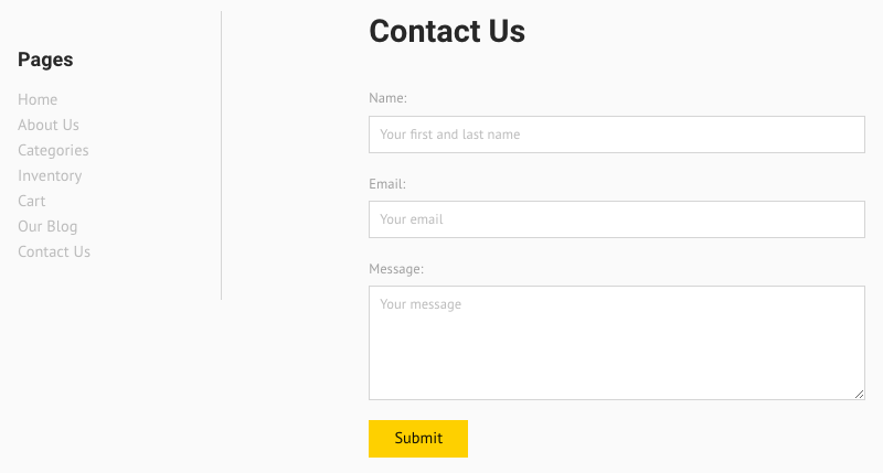 Contact form with fields for name, email, and message alongside a submit button.