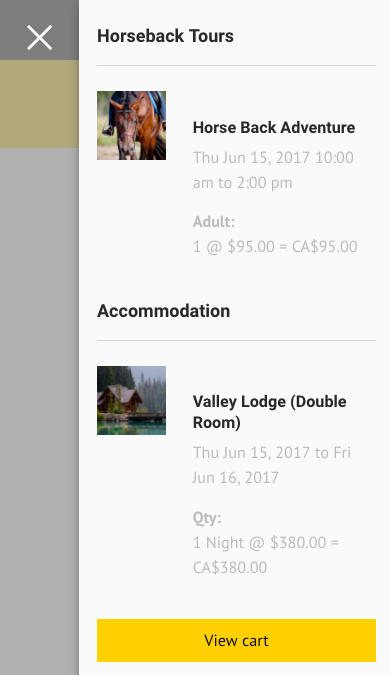 Booking cart summary showing horseback tour and valley lodge accommodation with item details and pricing.