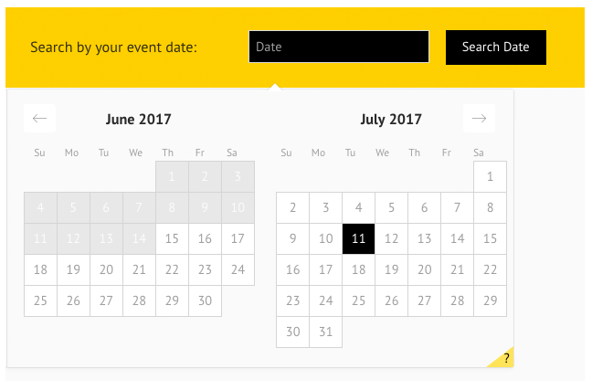 Event date calendar search with yellow header and selected date highlighted in black.