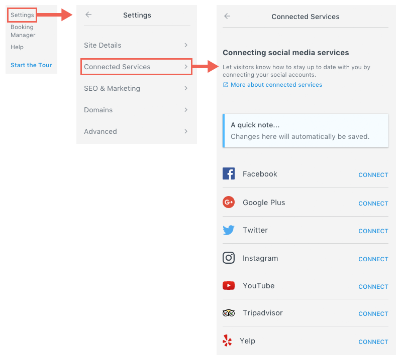 Settings navigation panel highlighting the path to connected services for linking social media accounts.