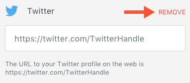 Twitter profile link input field with remove option displayed in settings.