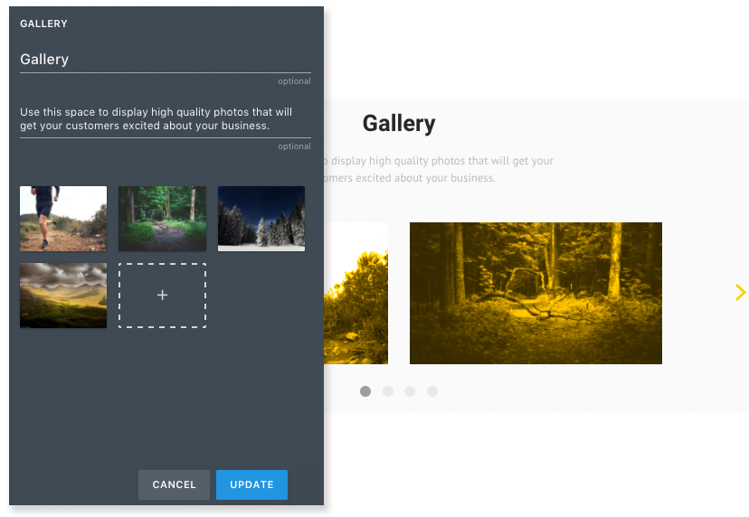 Gallery editor showing uploaded images on the left and a preview of the gallery display with navigation on the right.