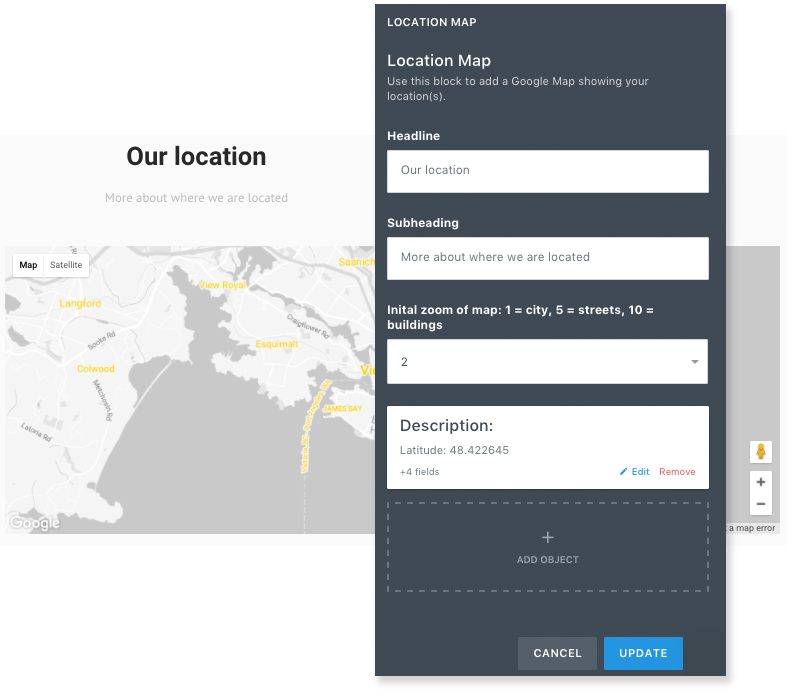 Location map editor showing map settings and fields with preview of map embedded on page.