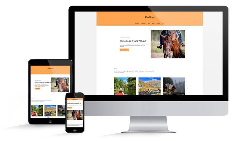 Responsive website theme preview shown on desktop, tablet, and mobile devices.