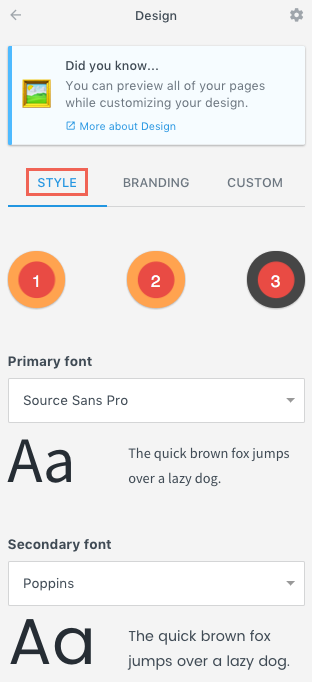 Design settings under Style tab with options to adjust fonts and colors for primary and secondary text.