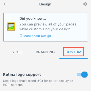 Design settings under Custom tab with option to enable retina logo support for high resolution displays.