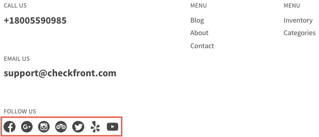 Website footer with contact details and social media icons for Facebook, Google Plus, Instagram, Tripadvisor, Twitter, Yelp, and YouTube.