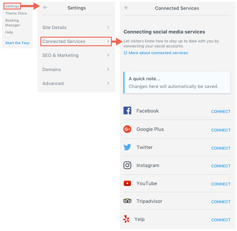 Navigation from Settings to Connected Services showing options to connect social media accounts like Facebook, Twitter, and Instagram.