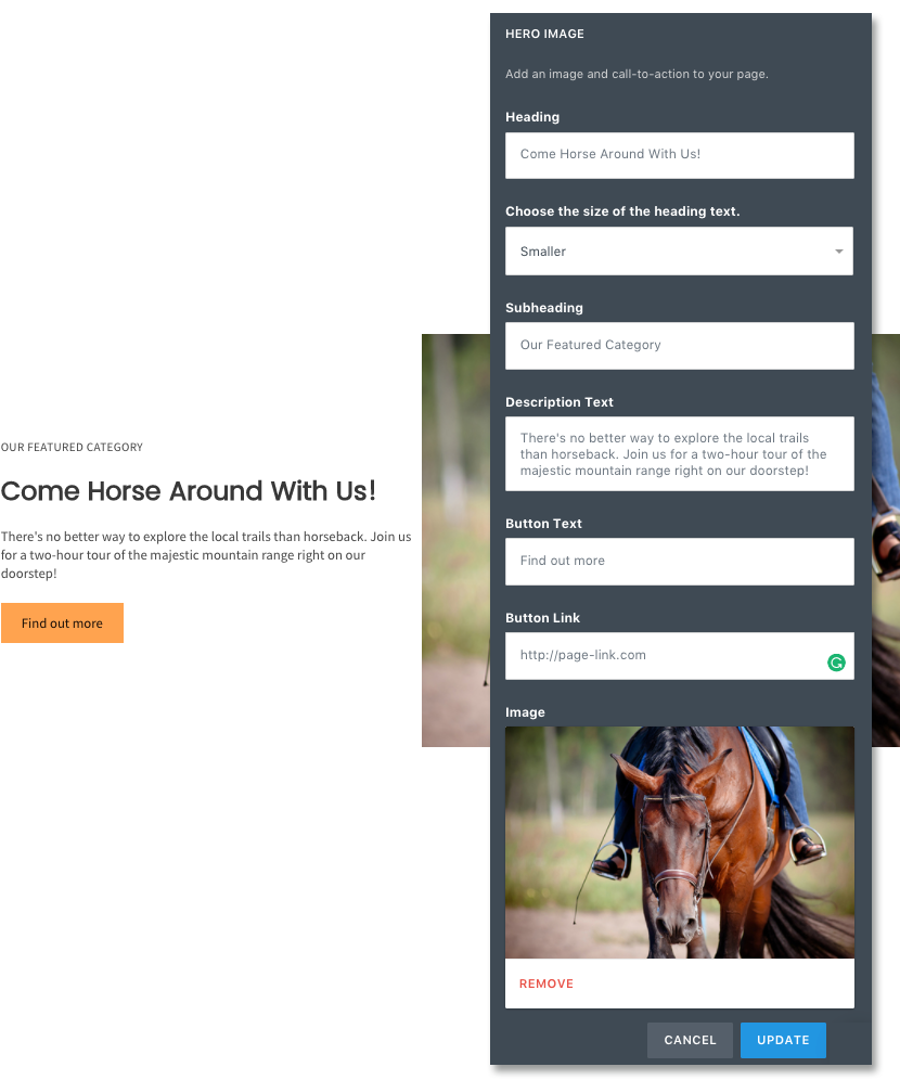 Hero image editor with fields for heading, subheading, description, button text, link, and image previewing a horseback tour.
