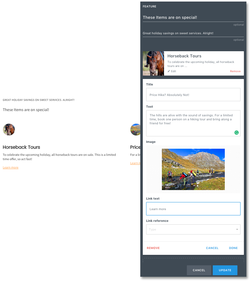 Feature block editor with options to add title, text, image, and link, previewing a special offer for Horseback Tours.