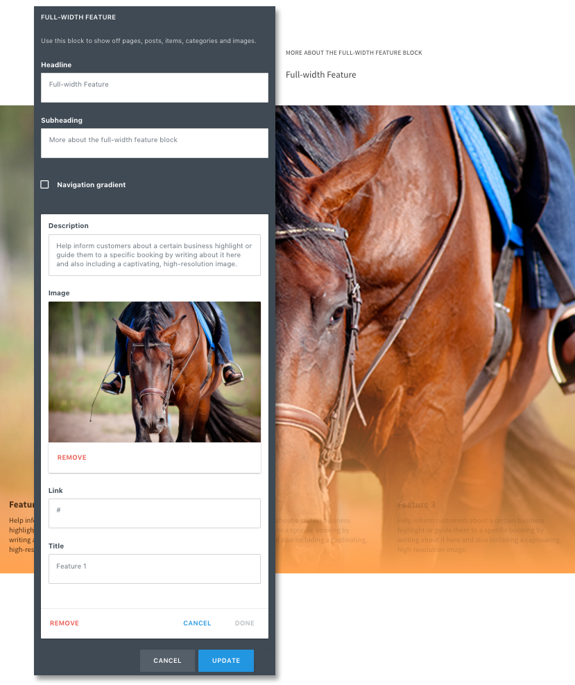 Full-width feature block editor with headline, subheading, description, image, and link fields previewing a horse image.