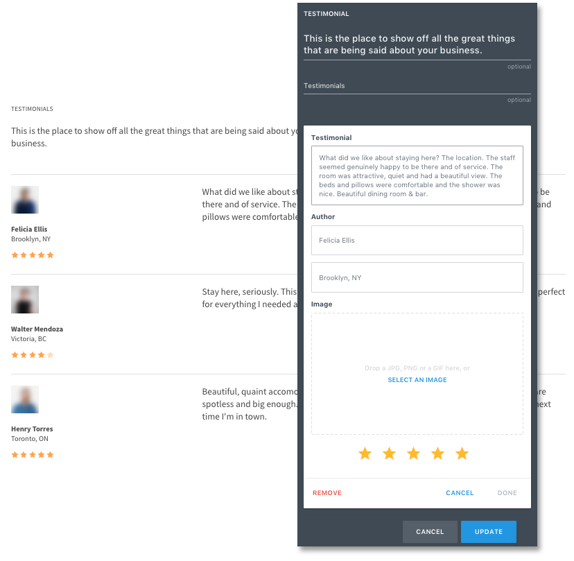 Testimonial editor showing customer reviews with fields for testimonial text, author details, and optional image upload.