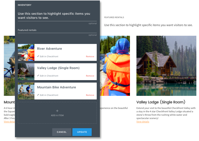 Inventory editor displaying featured rentals with options to add or remove items such as River Adventure and Mountain Bike Adventure.