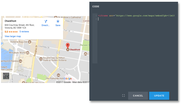 Embedding a Google Map by copying iframe code into the code editor next to a location preview.