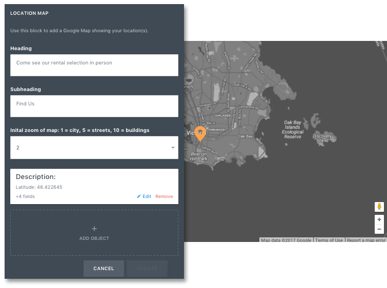 Location map editor with fields for heading, subheading, zoom level, and description showing a business location on Google Maps.