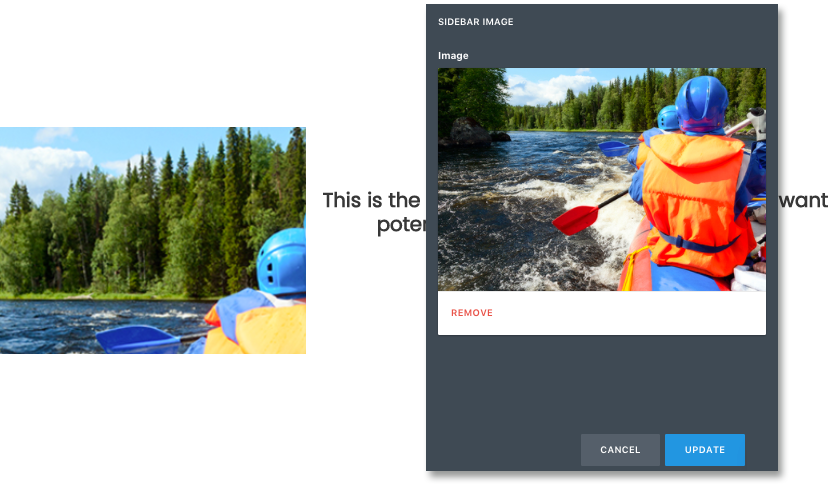 Sidebar image editor showing a rafting photo added to the page layout.