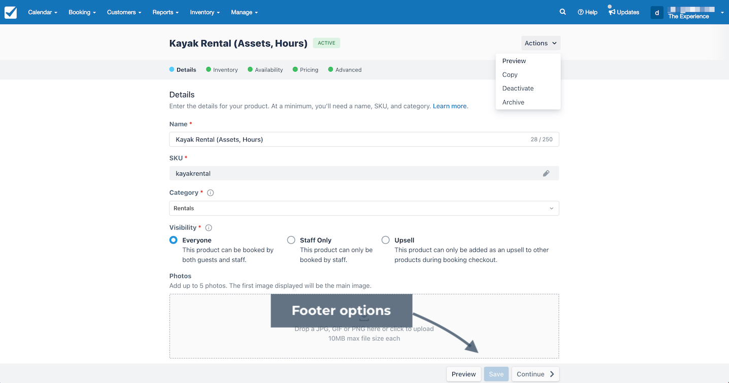 Product details page for kayak rental with footer options highlighted including preview, save, and continue.