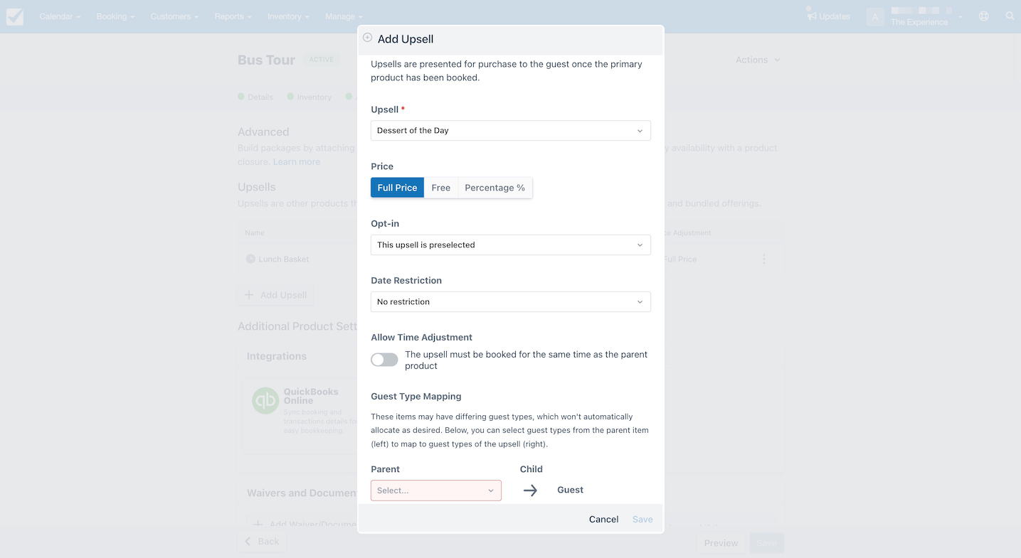 Add Upsell settings window for Bus Tour showing options to select an upsell, set price, opt-in, restrictions, time adjustment, and guest type mapping.