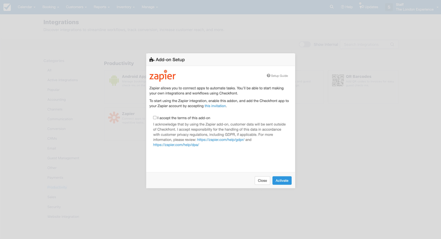 Zapier add-on setup window in Checkfront showing terms of service agreement and an activate button.