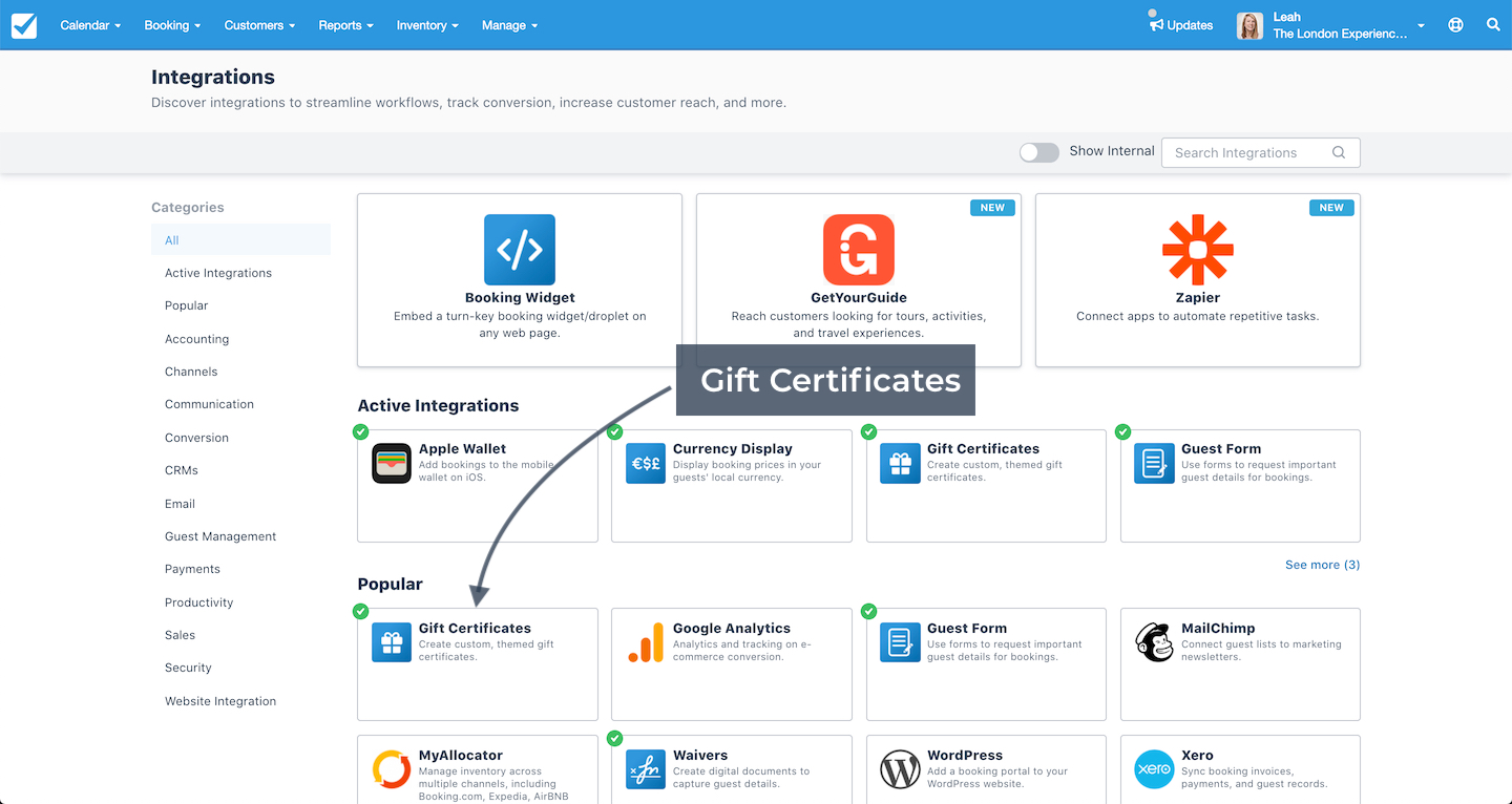 Integrations page showing Gift Certificates add-on highlighted under popular options in Checkfront.