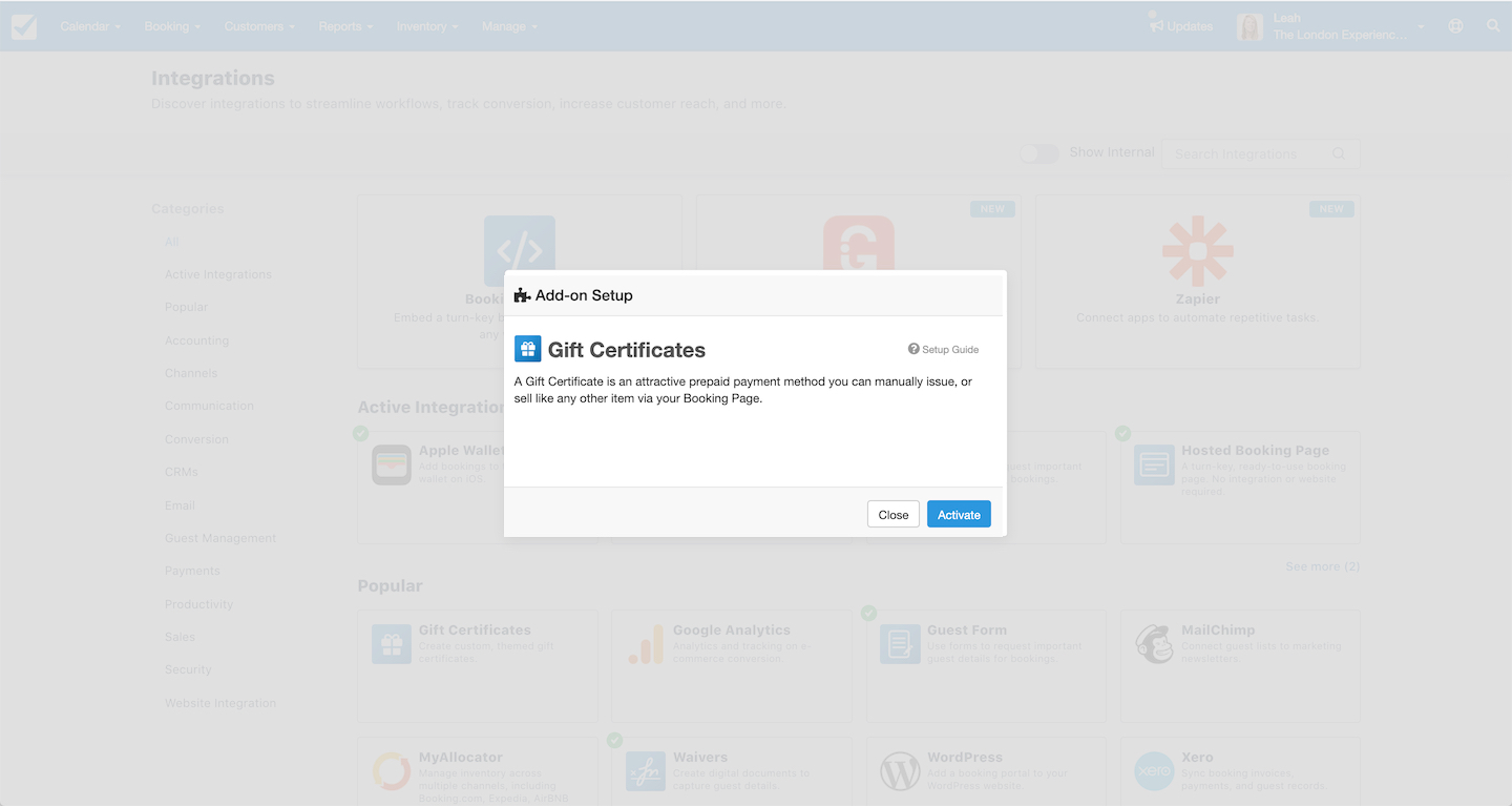 Gift Certificates add-on setup window in Checkfront with option to activate.