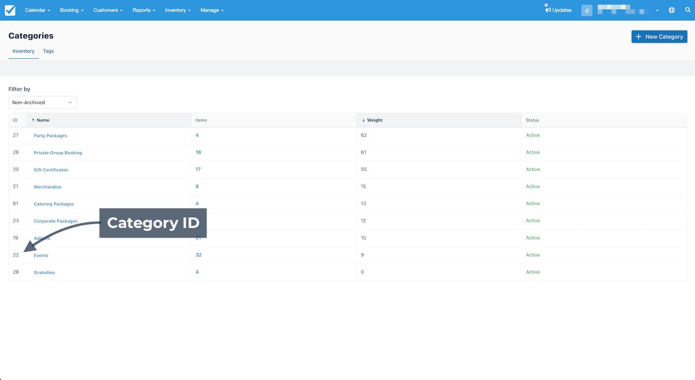 Categories list in inventory view highlighting category ID numbers for identifying and managing groups.