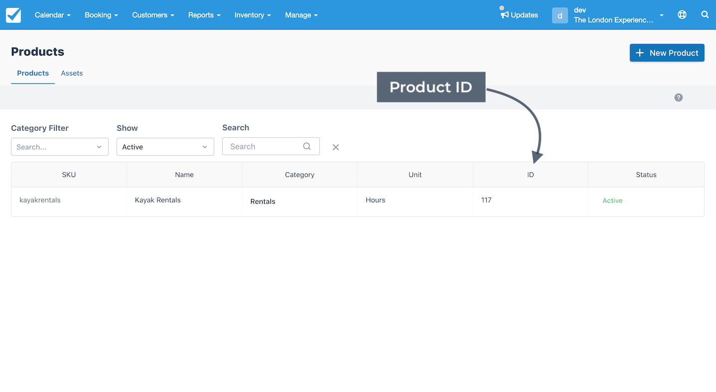 Products list showing kayak rentals with product ID highlighted for tracking individual items.