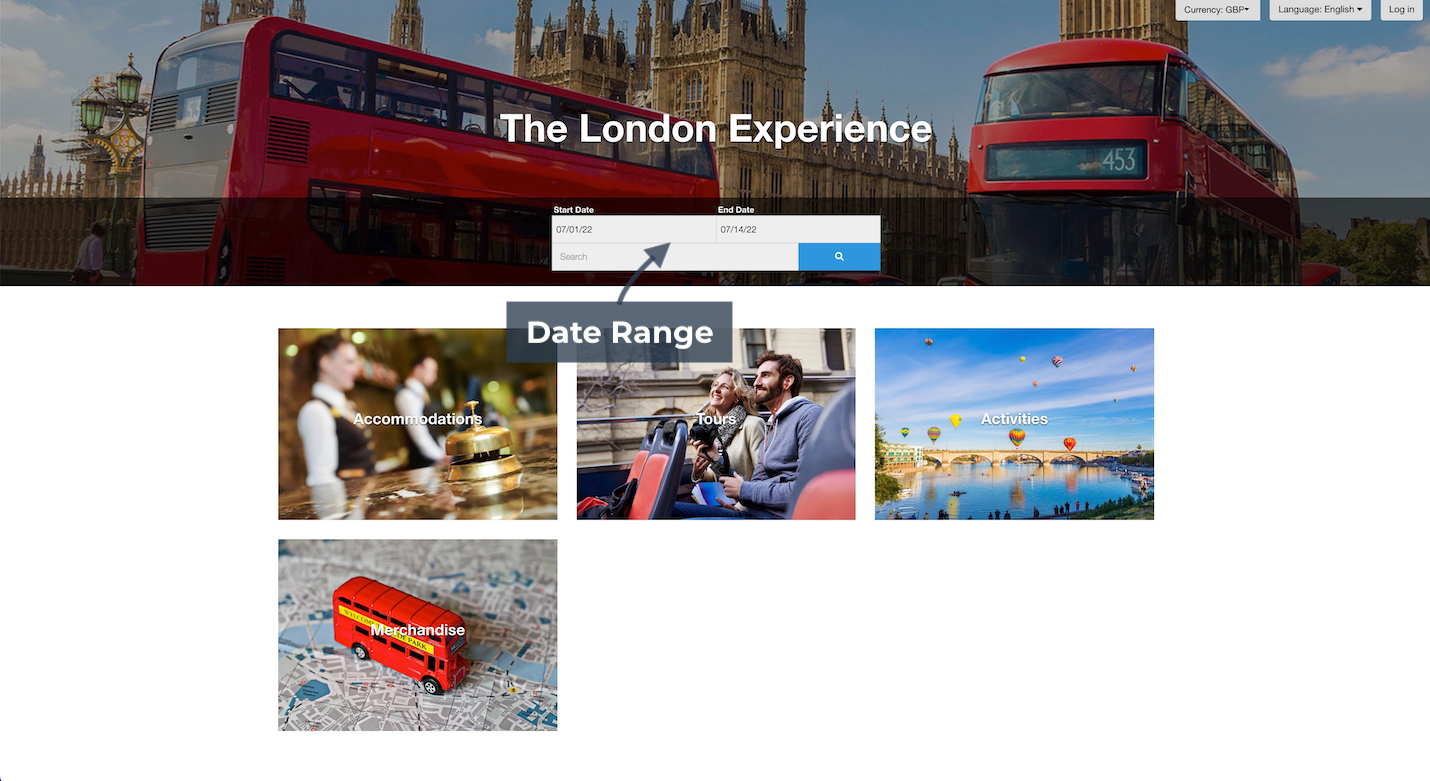 Homepage view of The London Experience with start and end date search filter displayed over hero image.