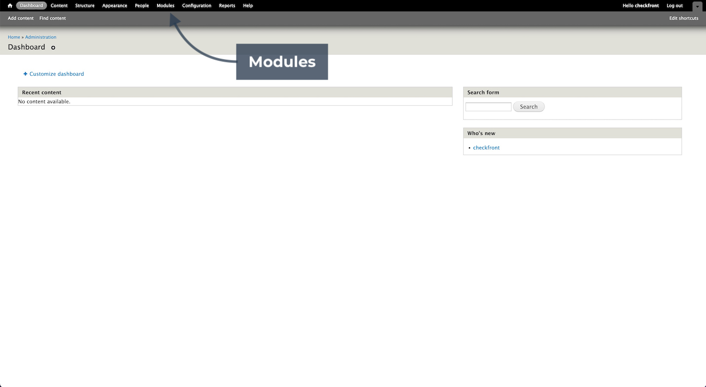 Drupal administration dashboard with arrow pointing to the Modules tab.