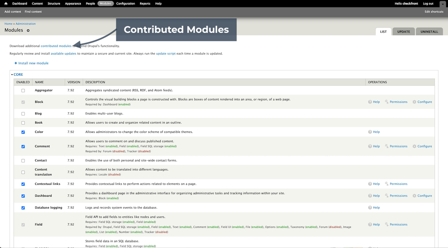 Drupal modules page highlighting contributed modules with a list of enabled and available modules.