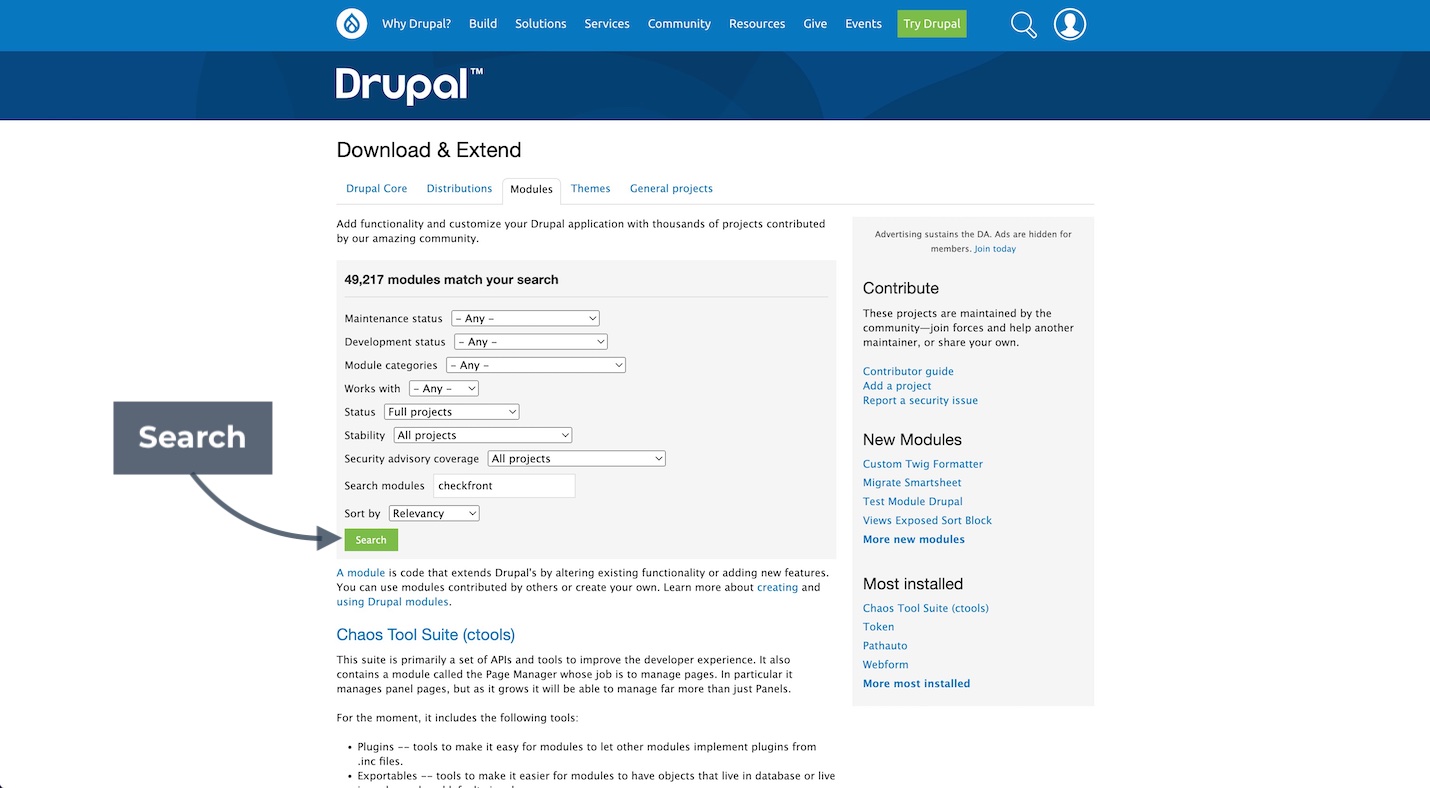 Drupal.org search page with arrow pointing to the Search button.