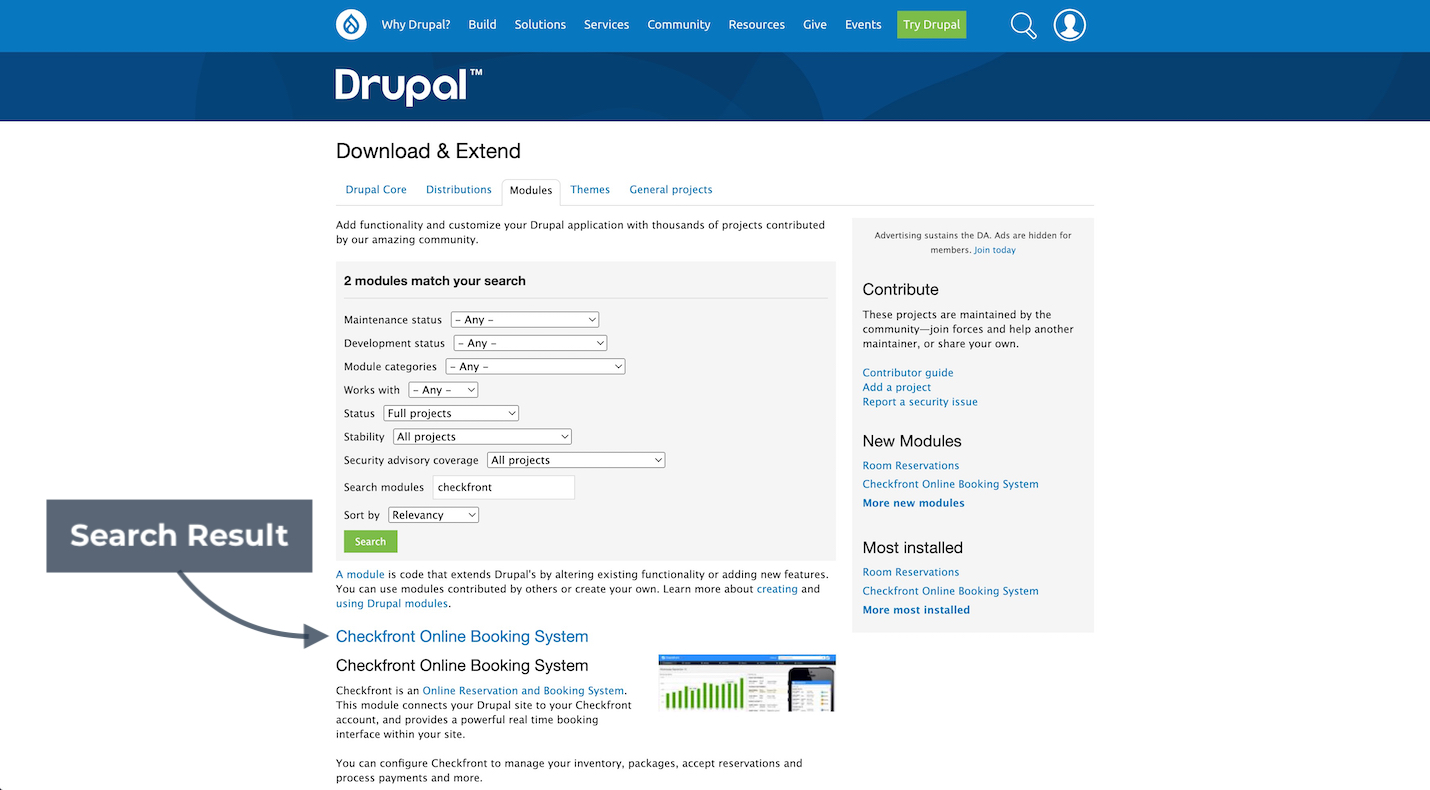 Drupal.org search results page showing Checkfront Online Booking System module result.