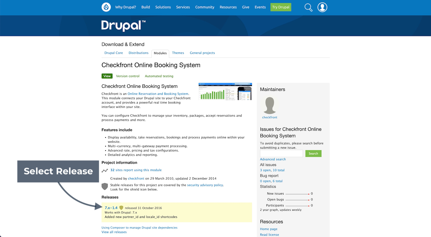 Drupal.org module page showing Checkfront Online Booking System with arrow pointing to release selection.