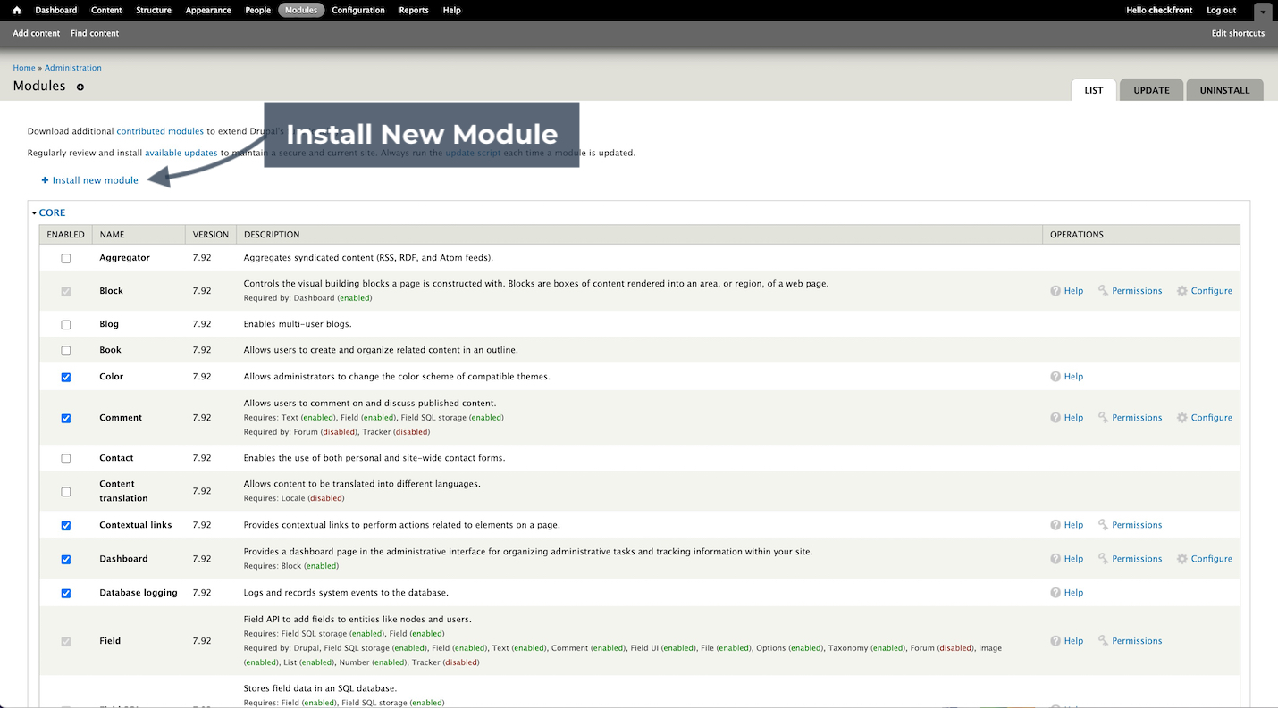 Drupal modules page highlighting the Install New Module option.
