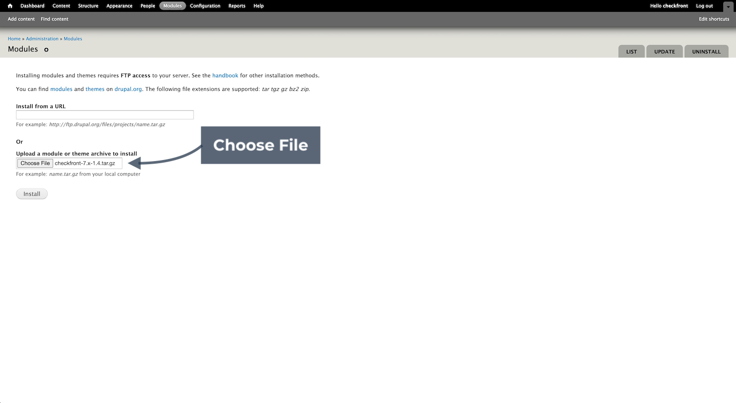 Drupal modules page showing upload option with arrow pointing to Choose File.
