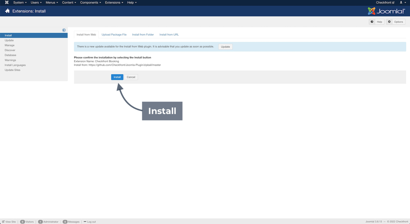 Joomla extensions installation confirmation page with arrow pointing to the install button.