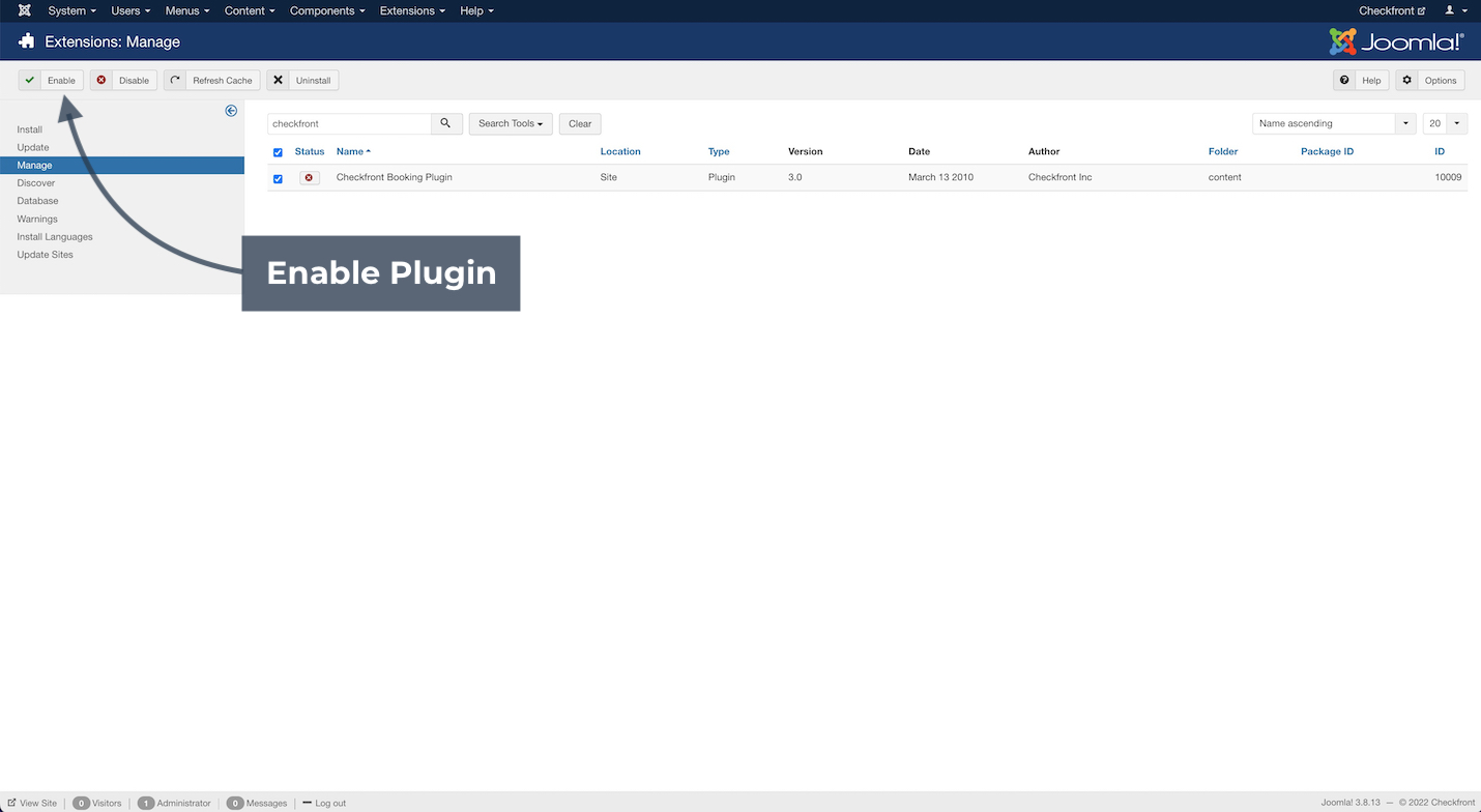 Joomla extensions manage page with arrow pointing to the enable button for the Checkfront Booking plugin.