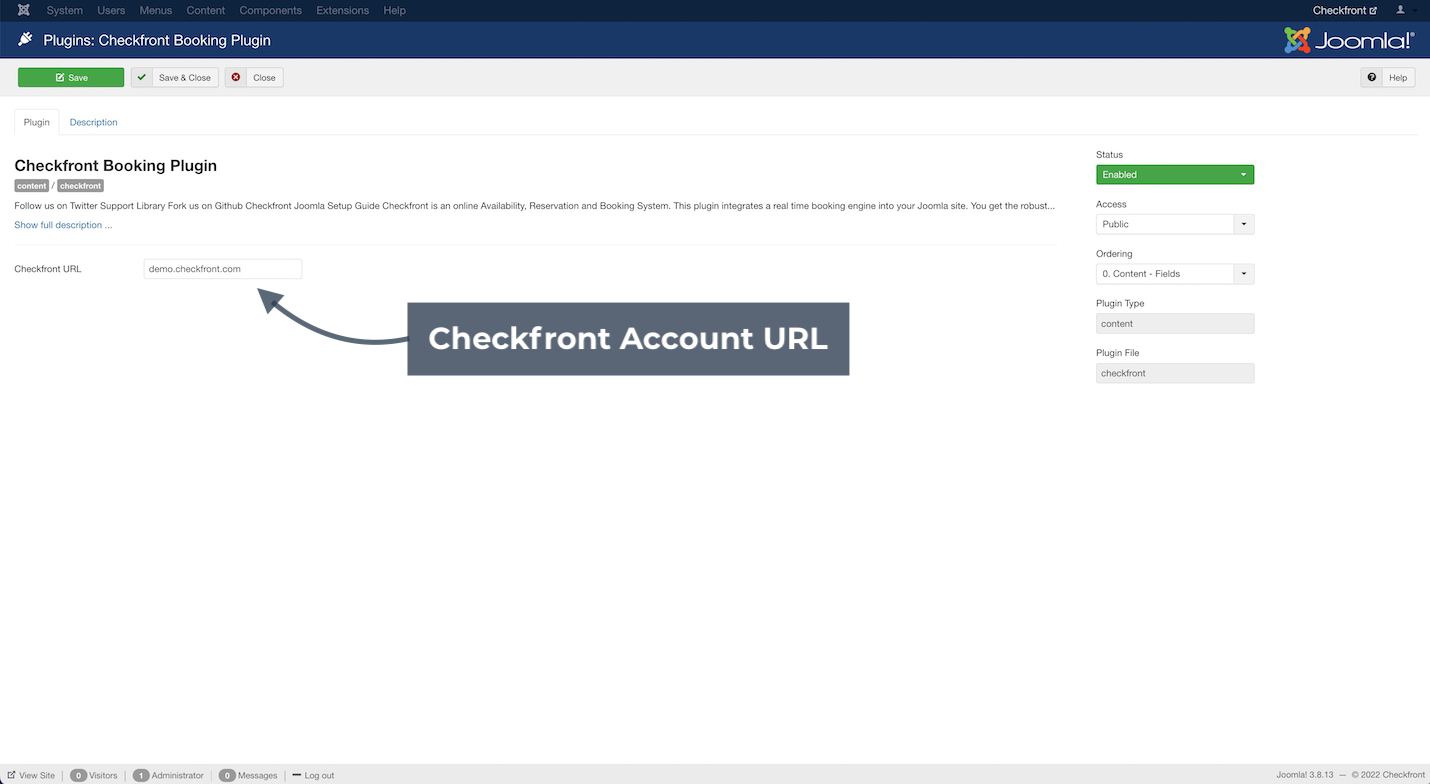 Joomla plugin settings screen with arrow pointing to the Checkfront account URL field.