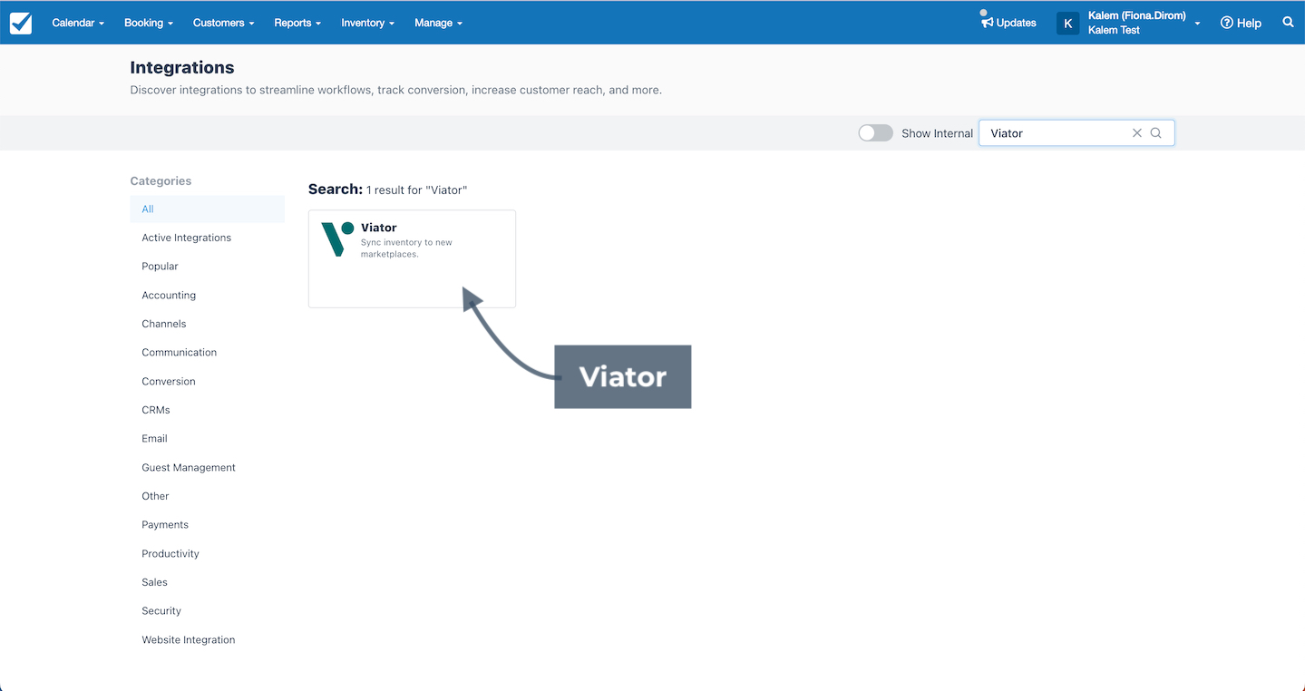 Integrations page in Checkfront with the search function highlighting Viator as an available integration option.