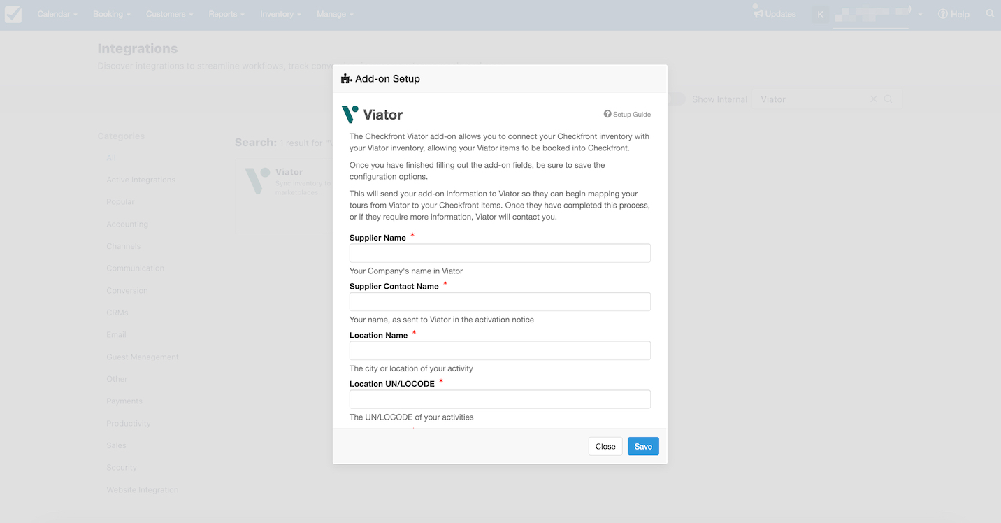 Viator add-on setup form requiring supplier details, contact information, and location data for integration.