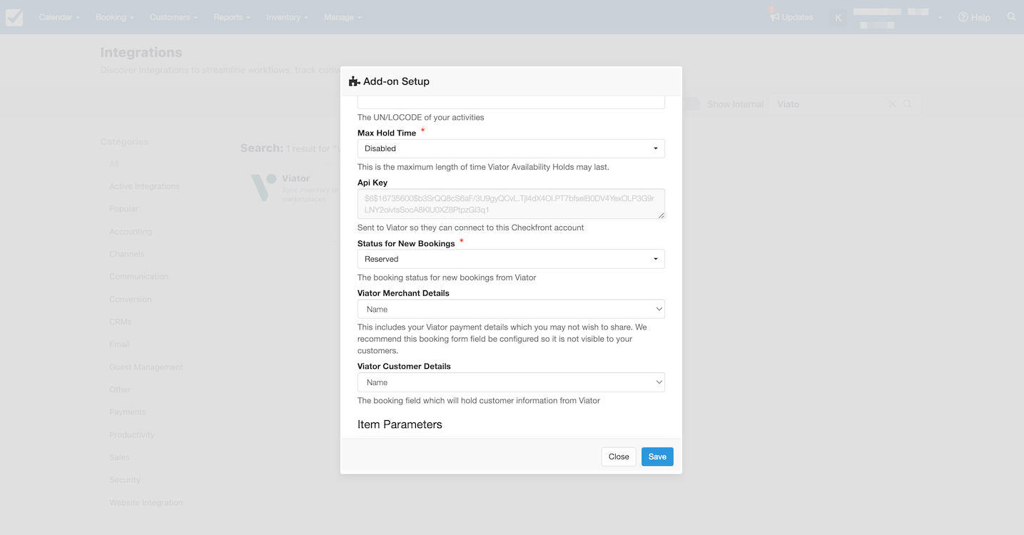 Viator add-on setup window with advanced configuration options including API key, booking status, and merchant or customer details.