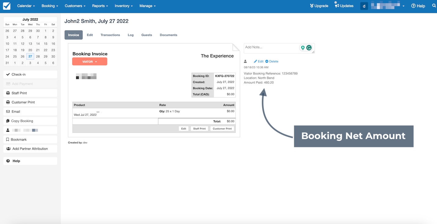 Booking invoice page in Checkfront showing the booking net amount recorded from a Viator reservation.