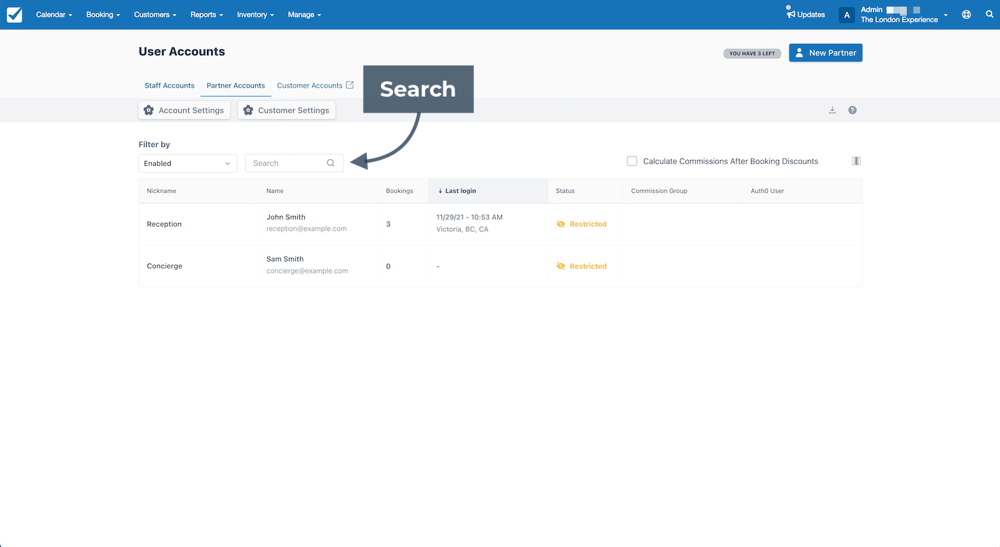 The User Accounts page features a search bar for quickly finding staff or partner account entries.