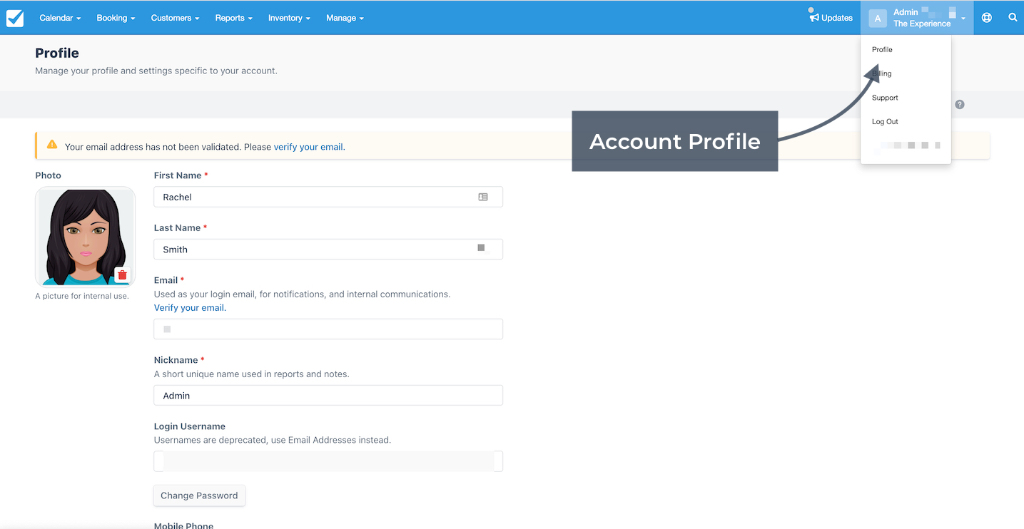 Account profile page showing fields for name, email, nickname, and login information with a profile picture on the left and a highlighted navigation arrow pointing to the account profile option in the dropdown menu.