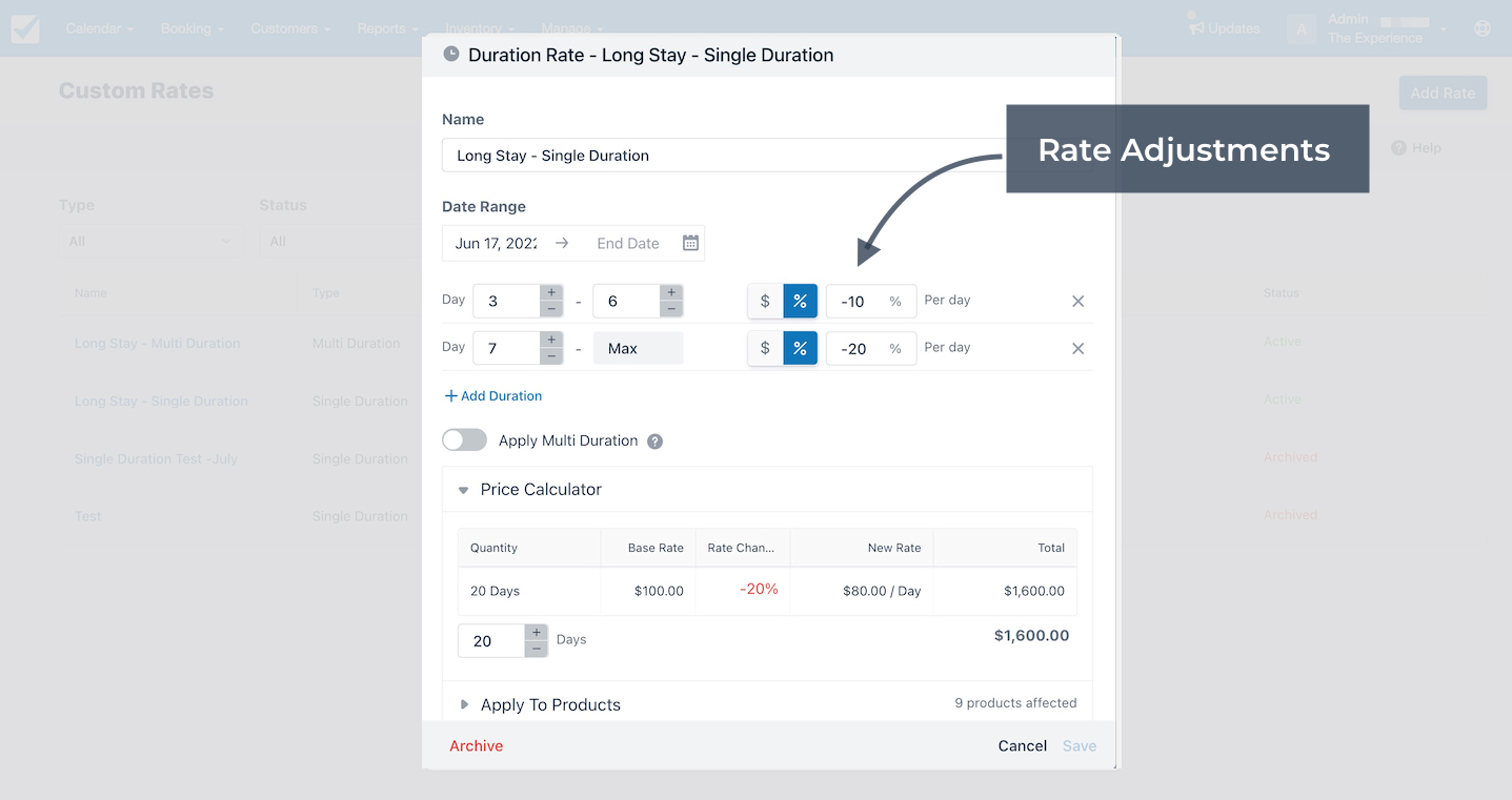 Custom rate editor showing rate adjustments with discounts applied for different stay durations.