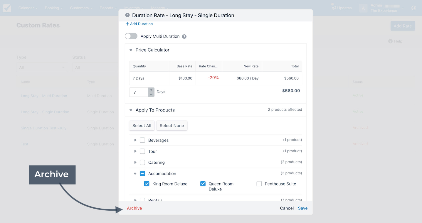 Custom rate editor highlighting Archive option for removing the custom rate.