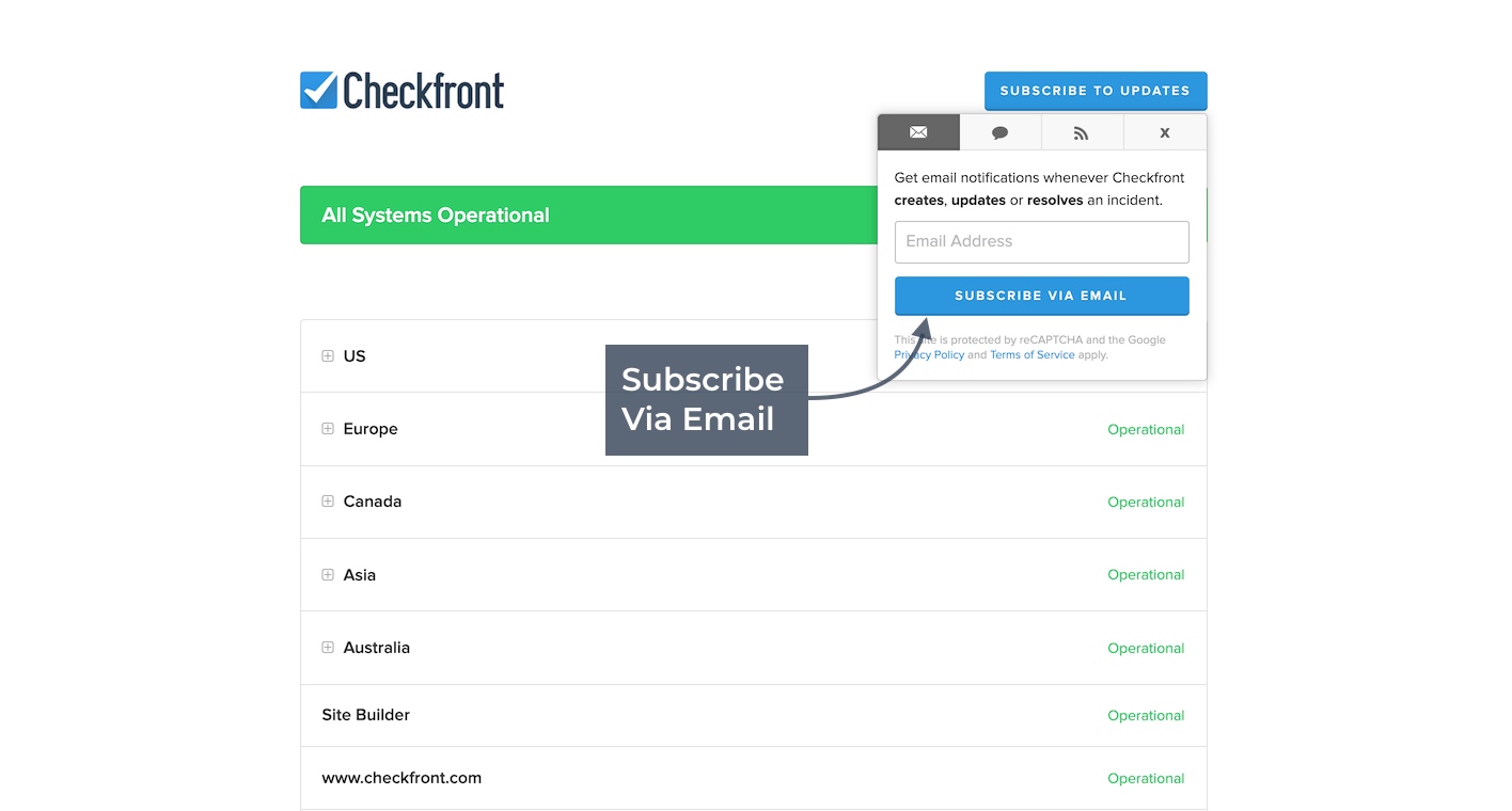 Checkfront status page with the Subscribe via Email option displayed for updates.